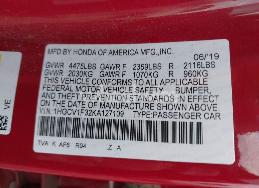 Photo 9 of 2019 Honda Accord SPORT (VIN 1HGCV1F32KA127109)