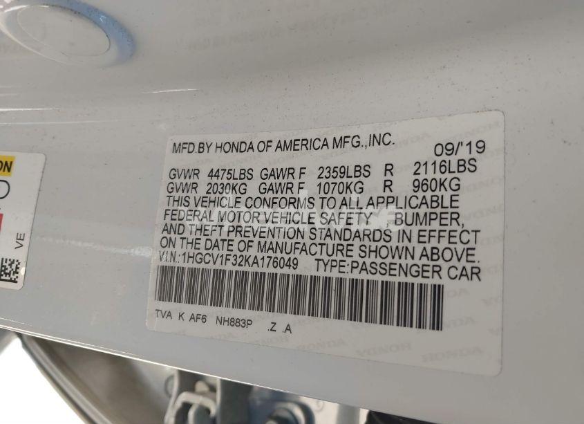 Photo 9 of 2019 Honda Accord SPORT (VIN 1HGCV1F32KA176049)