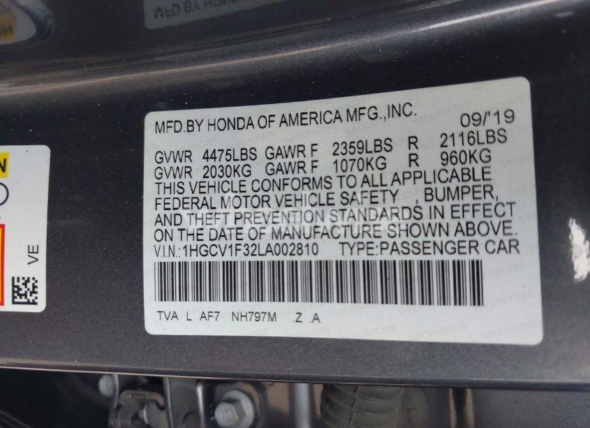 Photo 9 of 2020 Honda Accord SPORT (VIN 1HGCV1F32LA002810)