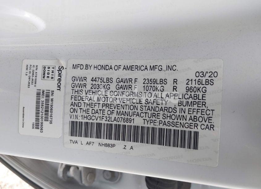 Photo 9 of 2020 Honda Accord SPORT (VIN 1HGCV1F32LA076891)