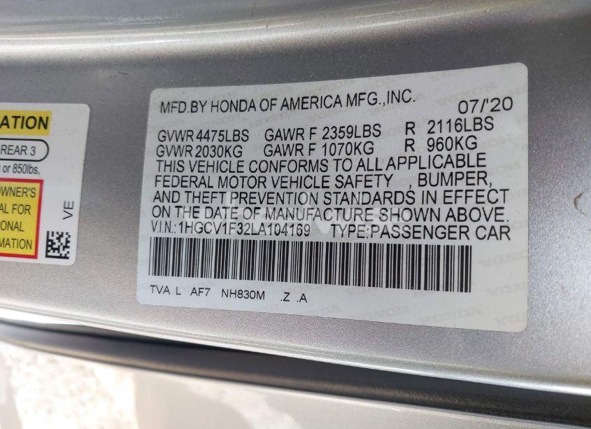 Photo 9 of 2020 Honda Accord SPORT (VIN 1HGCV1F32LA104169)