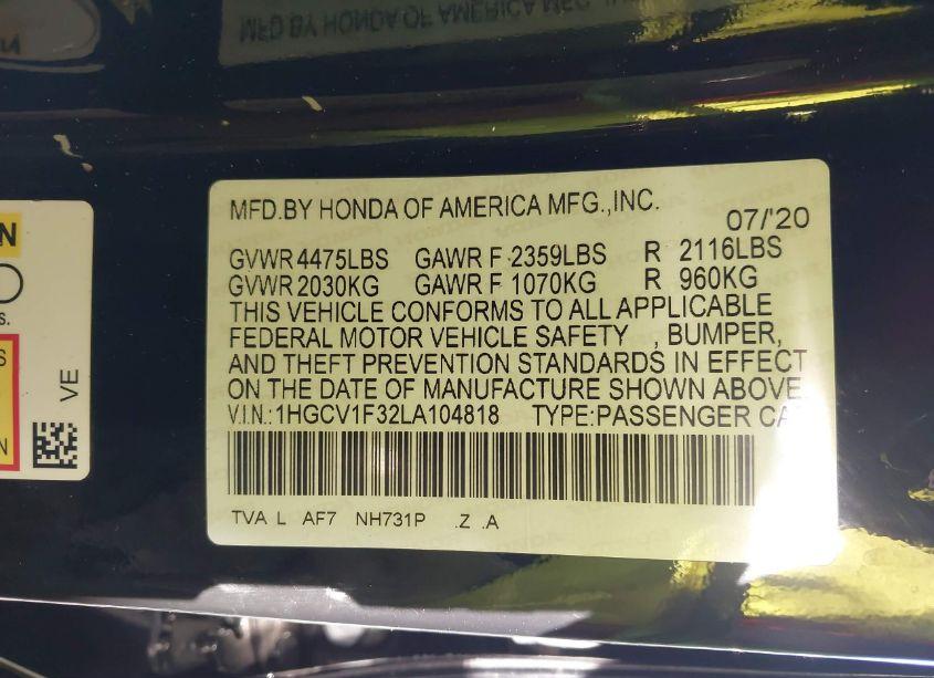 Photo 9 of 2020 Honda Accord SPORT (VIN 1HGCV1F32LA104818)