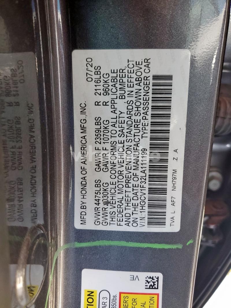 Photo 4 of 2020 HONDA ACCORD SPORT (VIN 1HGCV1F32LA111199)