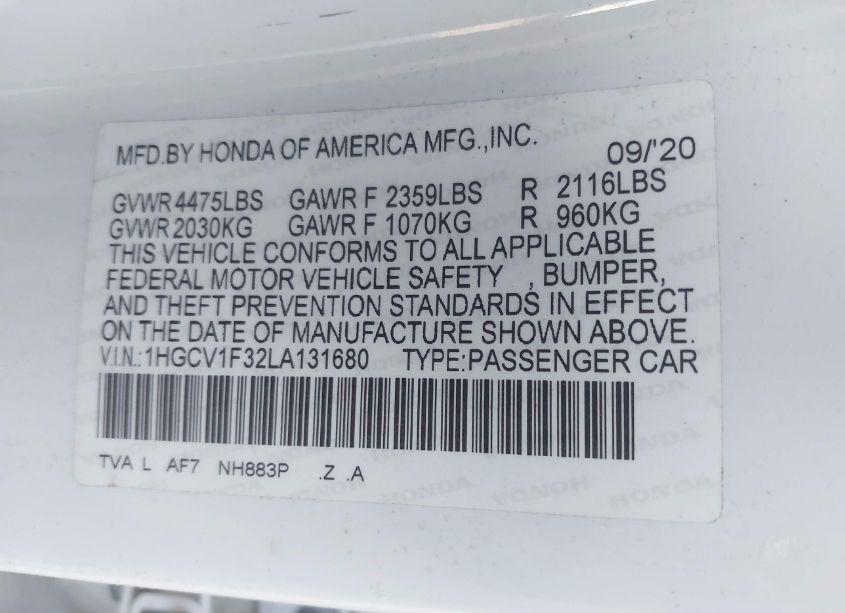 Photo 9 of 2020 Honda Accord SPORT (VIN 1HGCV1F32LA131680)