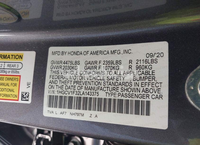 Photo 9 of 2020 Honda Accord SPORT (VIN 1HGCV1F32LA143375)