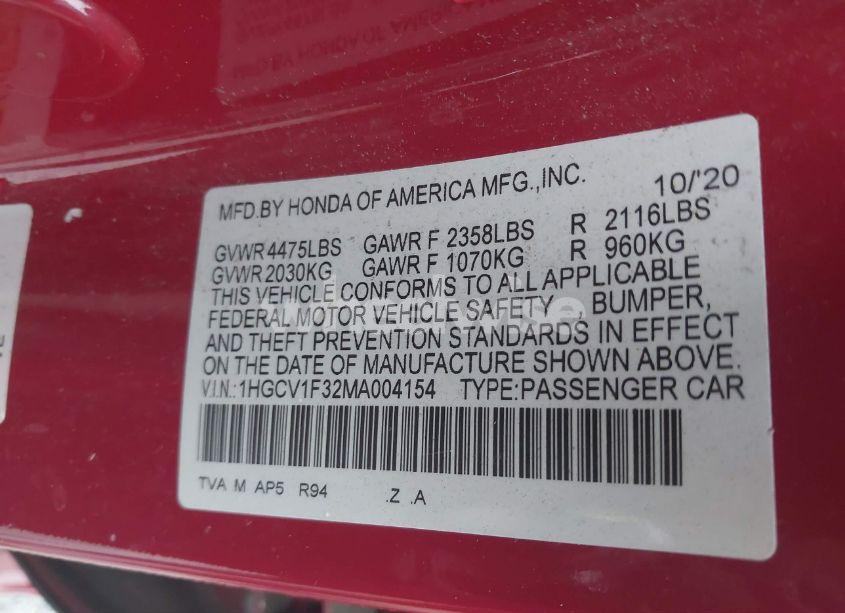 Photo 9 of 2021 Honda Accord SPORT (VIN 1HGCV1F32MA004154)