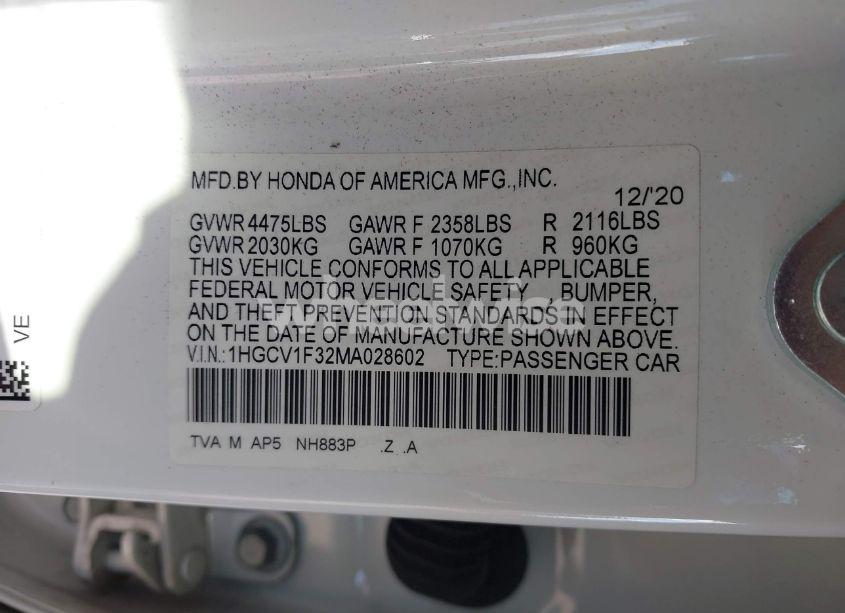 Photo 9 of 2021 Honda Accord SPORT (VIN 1HGCV1F32MA028602)