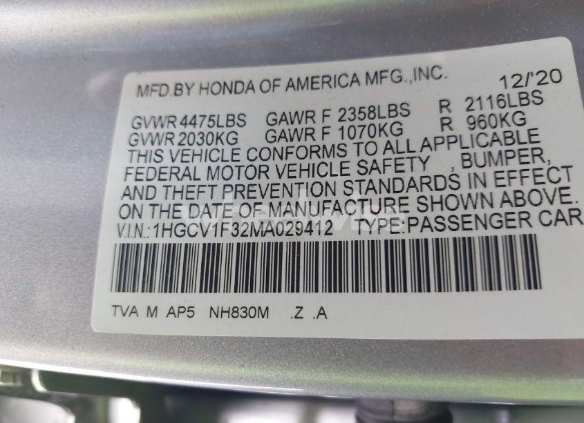 Photo 9 of 2021 Honda Accord SPORT (VIN 1HGCV1F32MA029412)