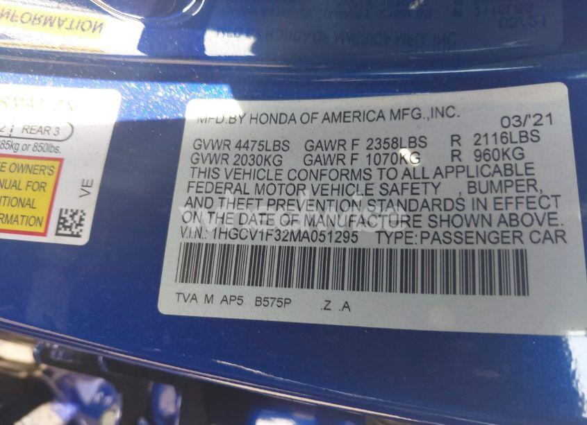 Photo 9 of 2021 Honda Accord SPORT (VIN 1HGCV1F32MA051295)