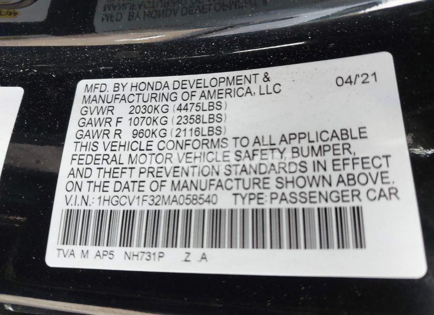 Photo 9 of 2021 Honda Accord SPORT (VIN 1HGCV1F32MA058540)