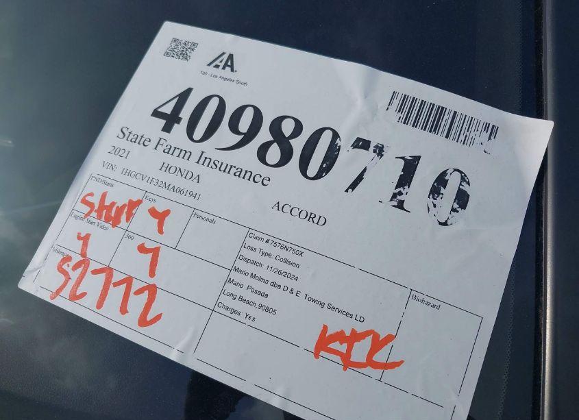 Photo 17 of 2021 Honda Accord SPORT (VIN 1HGCV1F32MA061941)