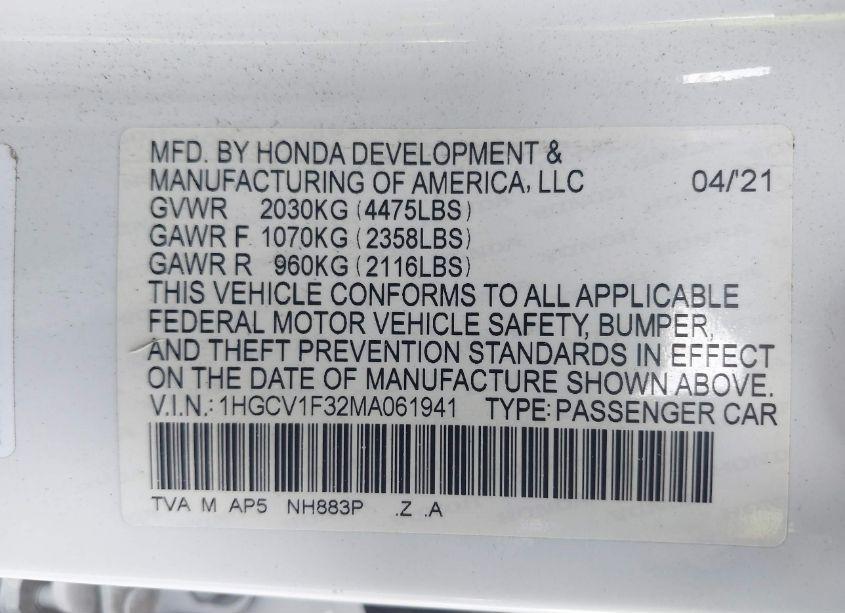 Photo 9 of 2021 Honda Accord SPORT (VIN 1HGCV1F32MA061941)