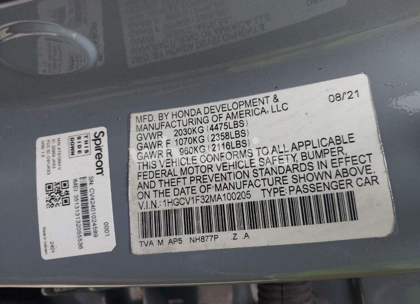 Photo 9 of 2021 Honda Accord SPORT (VIN 1HGCV1F32MA100205)