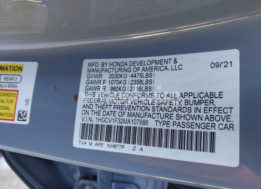 Photo 9 of 2021 Honda Accord SPORT (VIN 1HGCV1F32MA107686)
