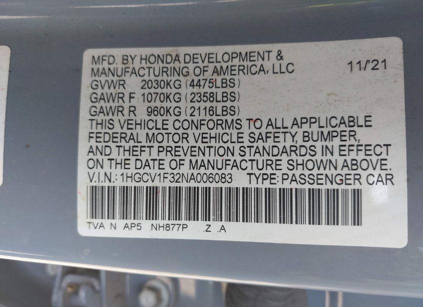 Photo 9 of 2022 Honda Accord SPORT (VIN 1HGCV1F32NA006083)
