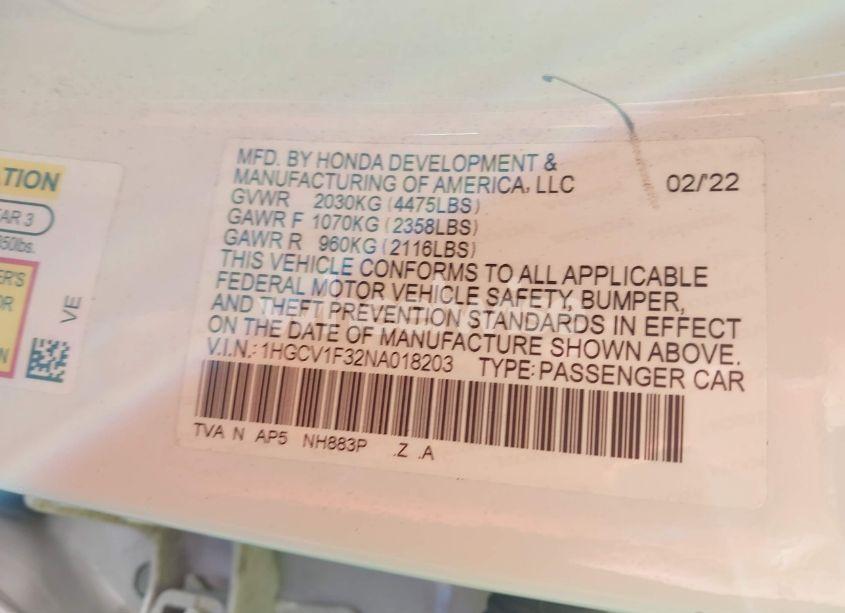 Photo 9 of 2022 Honda Accord SPORT (VIN 1HGCV1F32NA018203)