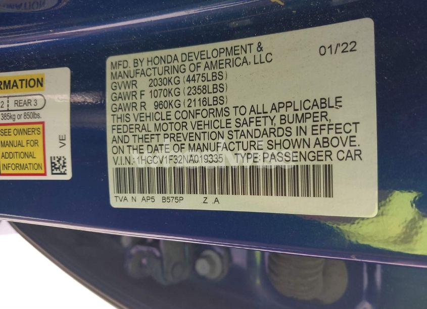 Photo 9 of 2022 Honda Accord SPORT (VIN 1HGCV1F32NA019335)