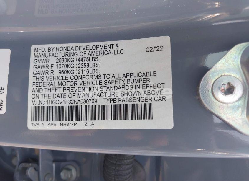 Photo 9 of 2022 Honda Accord SPORT (VIN 1HGCV1F32NA030769)