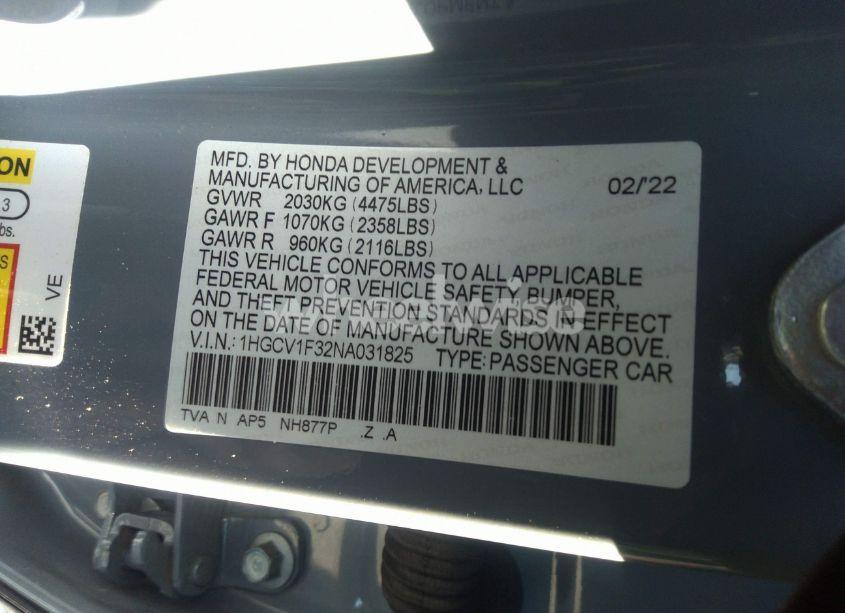 Photo 9 of 2022 Honda Accord SPORT (VIN 1HGCV1F32NA031825)