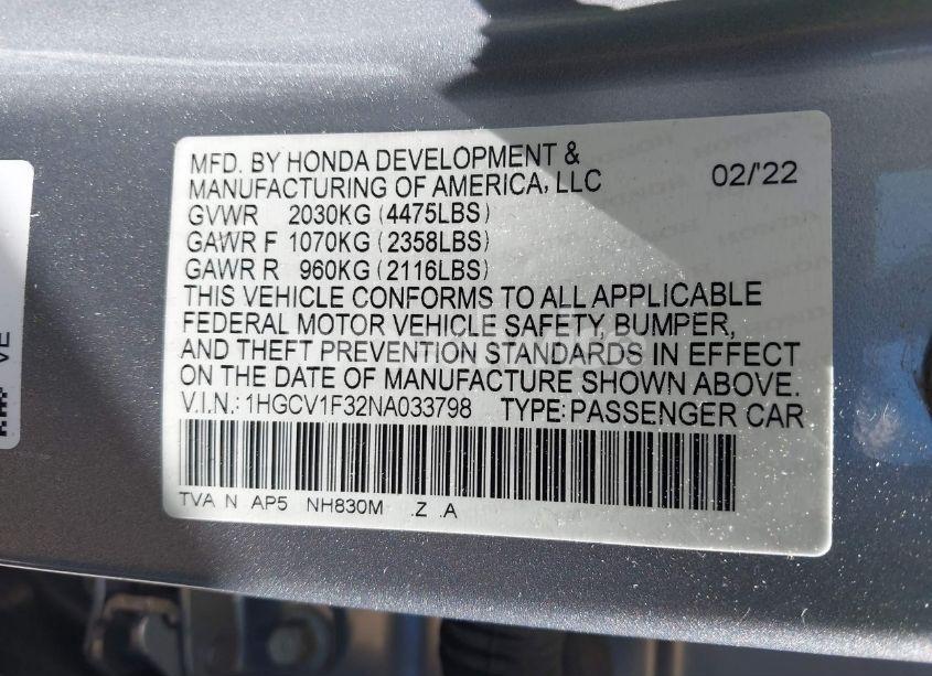 Photo 9 of 2022 Honda Accord SPORT (VIN 1HGCV1F32NA033798)