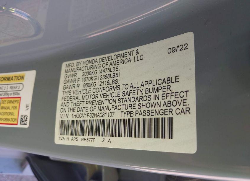 Photo 9 of 2022 Honda Accord SPORT (VIN 1HGCV1F32NA081107)