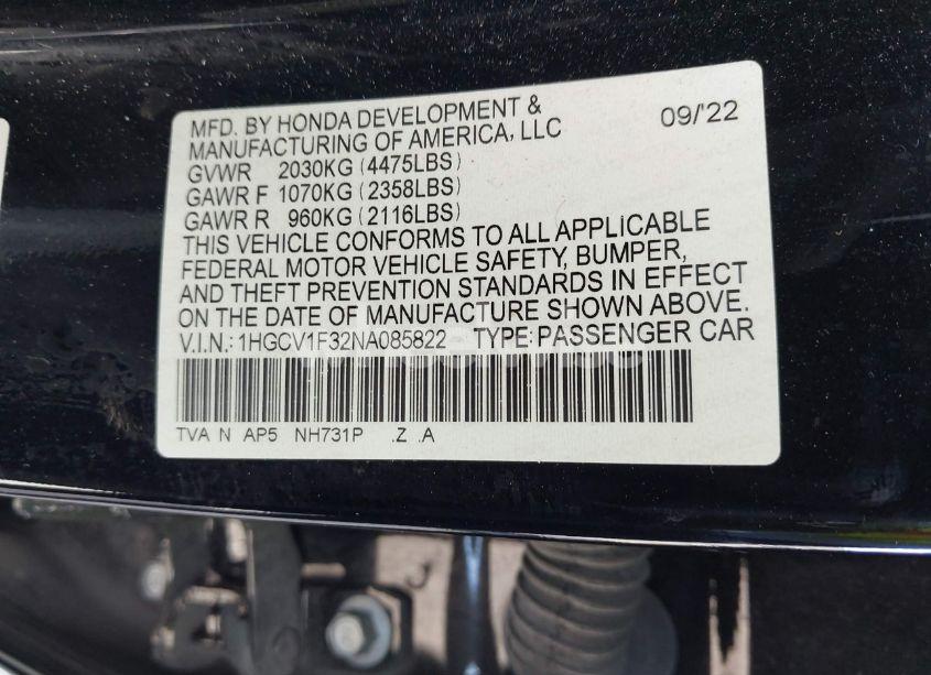 Photo 9 of 2022 Honda Accord SPORT (VIN 1HGCV1F32NA085822)