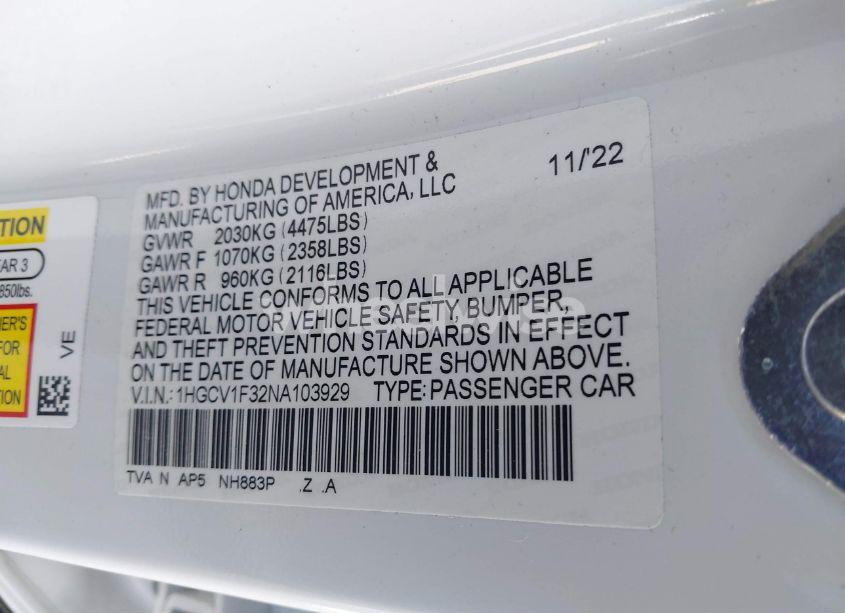 Photo 9 of 2022 Honda Accord SPORT (VIN 1HGCV1F32NA103929)