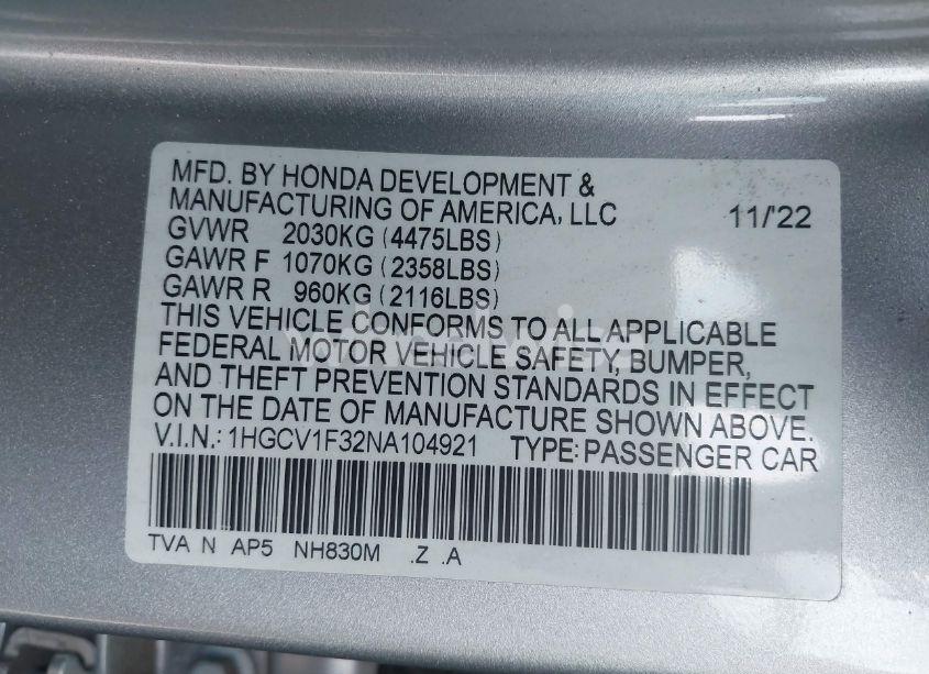 Photo 9 of 2022 Honda Accord SPORT (VIN 1HGCV1F32NA104921)