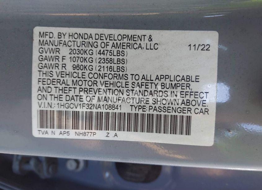 Photo 9 of 2022 Honda Accord SPORT (VIN 1HGCV1F32NA108841)
