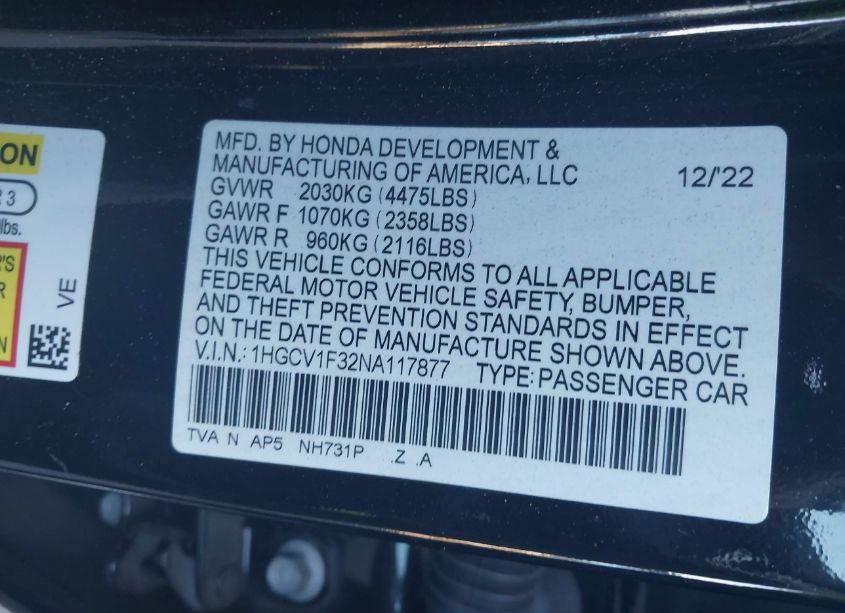 Photo 9 of 2022 Honda Accord SPORT (VIN 1HGCV1F32NA117877)