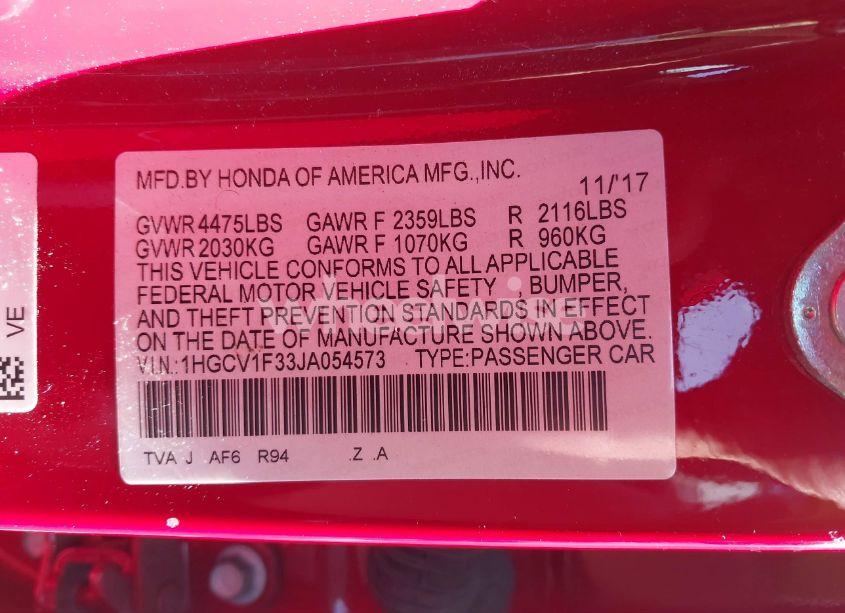 Photo 9 of 2018 Honda Accord SPORT (VIN 1HGCV1F33JA054573)