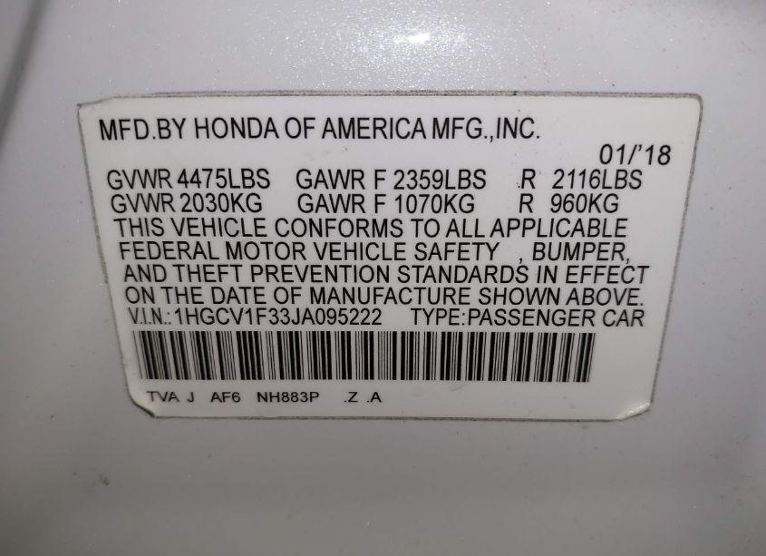 Photo 9 of 2018 Honda Accord SPORT (VIN 1HGCV1F33JA095222)