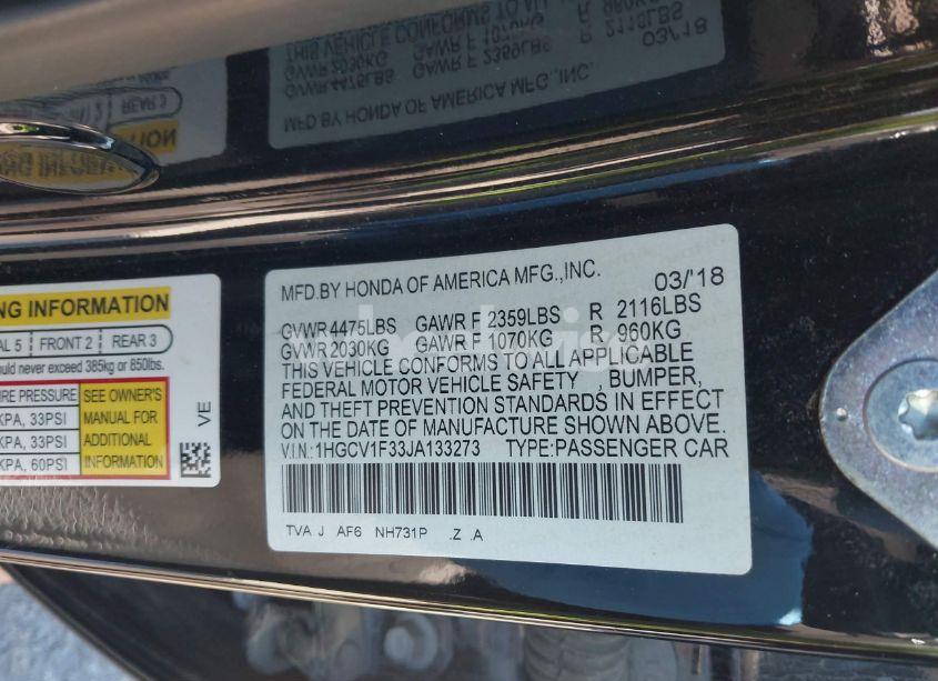 Photo 9 of 2018 Honda Accord SPORT (VIN 1HGCV1F33JA133273)