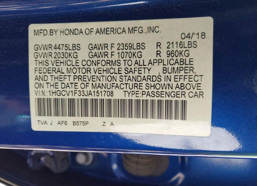 Photo 9 of 2018 Honda Accord SPORT (VIN 1HGCV1F33JA151708)