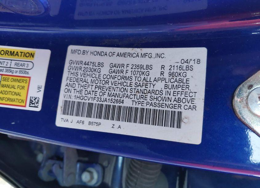 Photo 9 of 2018 Honda Accord SPORT (VIN 1HGCV1F33JA152664)