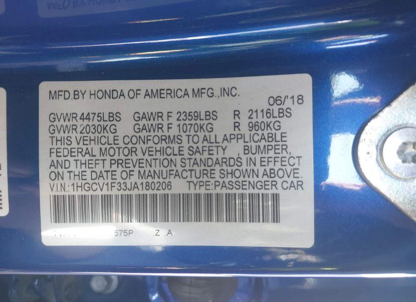 Photo 9 of 2018 Honda Accord SPORT (VIN 1HGCV1F33JA180206)