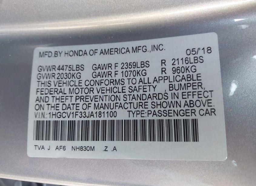 Photo 9 of 2018 Honda Accord SPORT (VIN 1HGCV1F33JA181100)