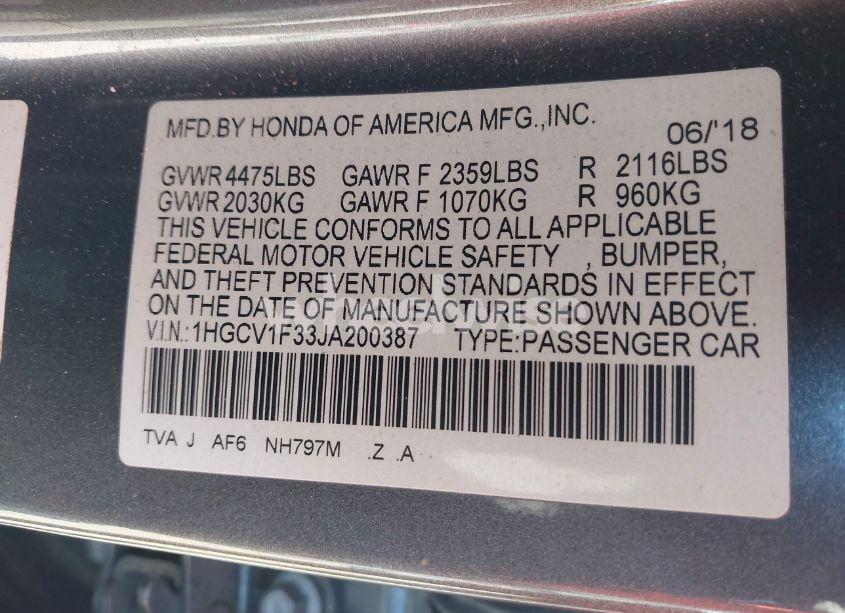 Photo 9 of 2018 Honda Accord SPORT (VIN 1HGCV1F33JA200387)