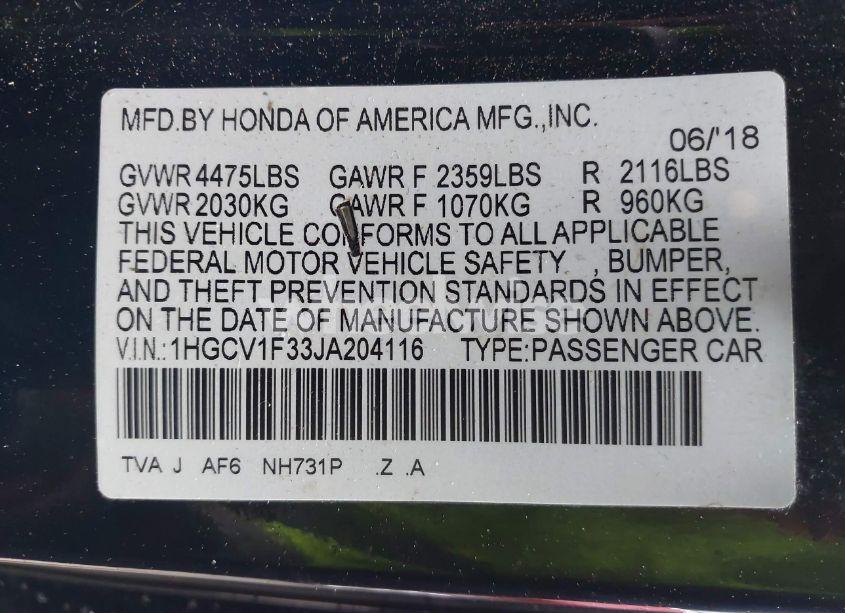 Photo 9 of 2018 Honda Accord SPORT (VIN 1HGCV1F33JA204116)