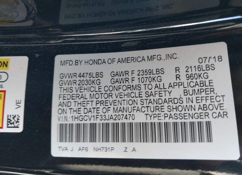 Photo 9 of 2018 Honda Accord SPORT (VIN 1HGCV1F33JA207470)