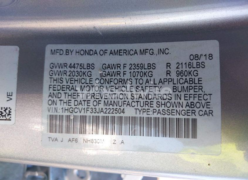 Photo 9 of 2018 Honda Accord SPORT (VIN 1HGCV1F33JA222504)