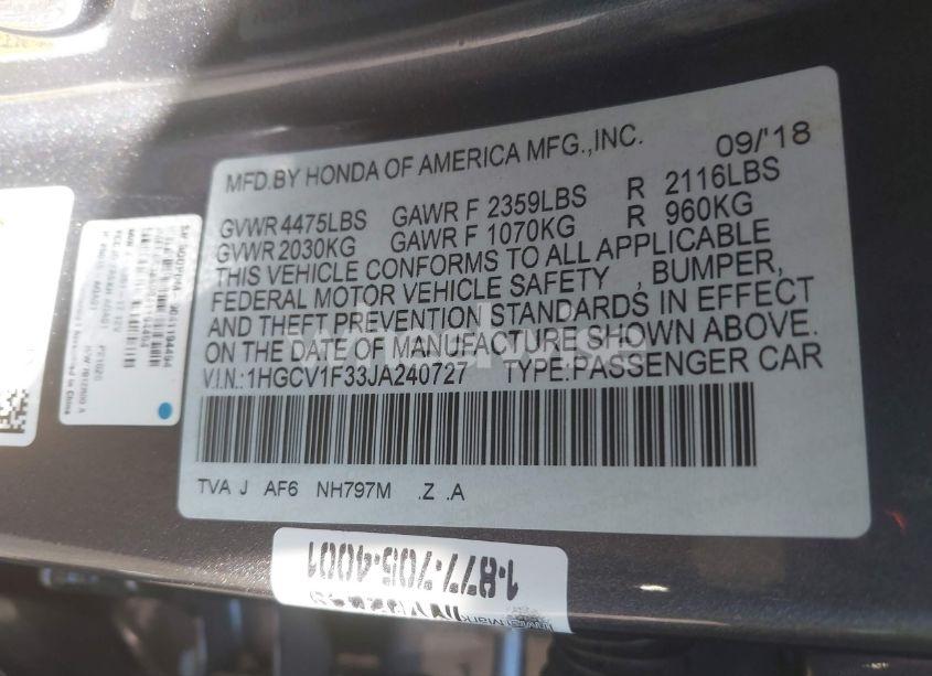 Photo 9 of 2018 Honda Accord SPORT (VIN 1HGCV1F33JA240727)