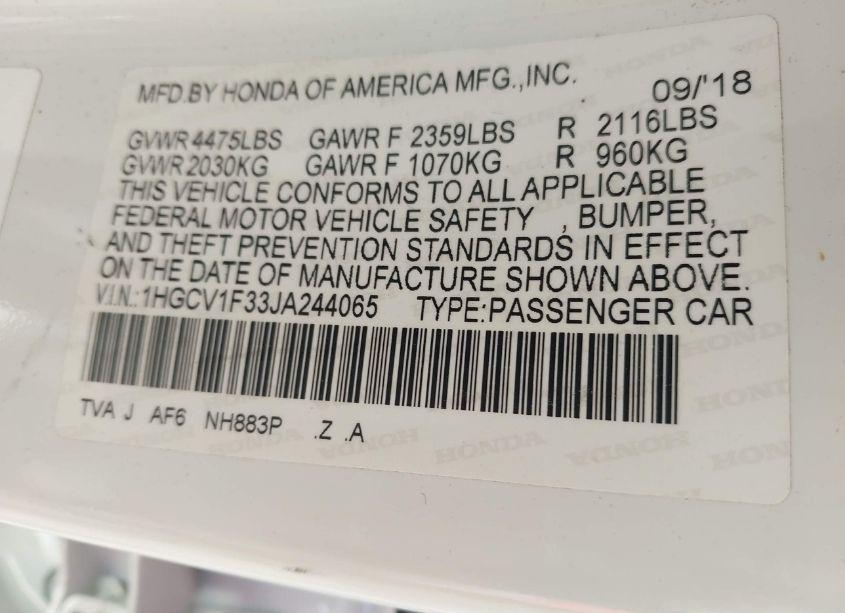 Photo 9 of 2018 Honda Accord SPORT (VIN 1HGCV1F33JA244065)