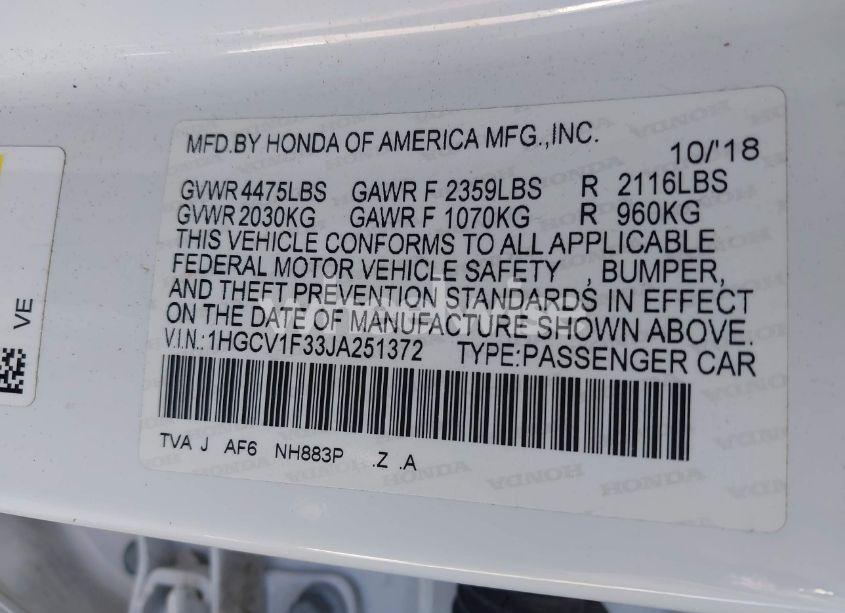 Photo 9 of 2018 Honda Accord SPORT (VIN 1HGCV1F33JA251372)