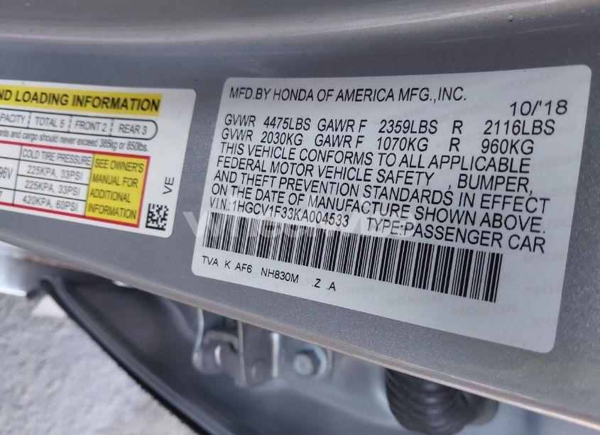 Photo 9 of 2019 Honda Accord SPORT (VIN 1HGCV1F33KA004533)