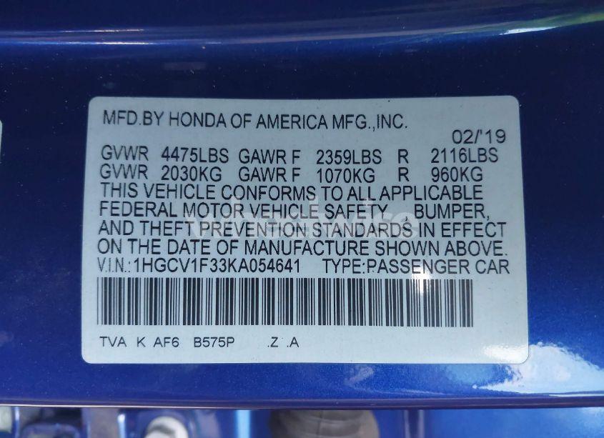 Photo 9 of 2019 Honda Accord SPORT (VIN 1HGCV1F33KA054641)