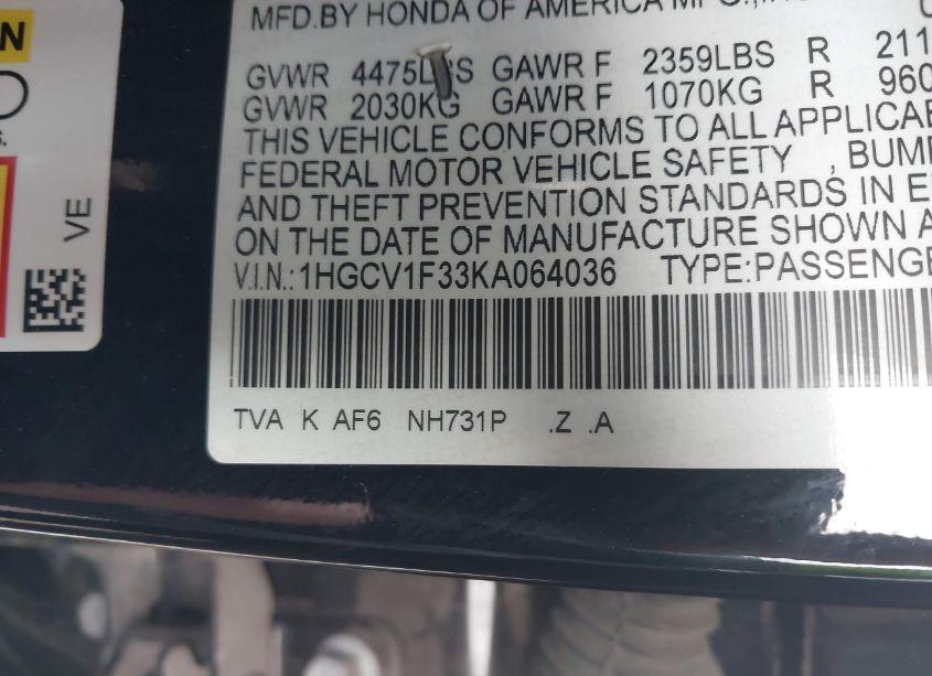 Photo 9 of 2019 Honda Accord SPORT (VIN 1HGCV1F33KA064036)