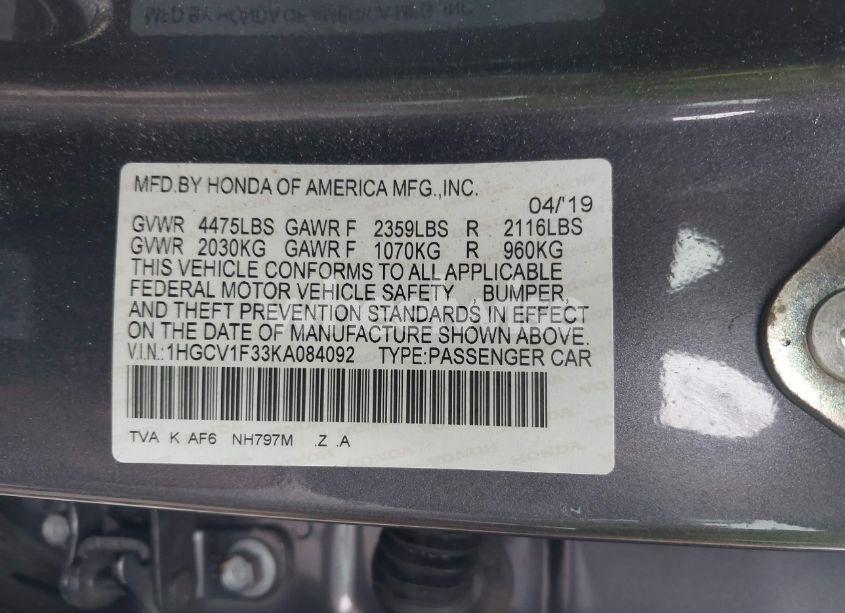 Photo 9 of 2019 Honda Accord SPORT (VIN 1HGCV1F33KA084092)