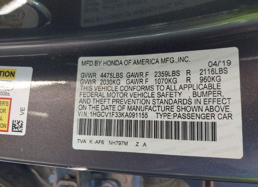 Photo 9 of 2019 Honda Accord SPORT (VIN 1HGCV1F33KA091155)