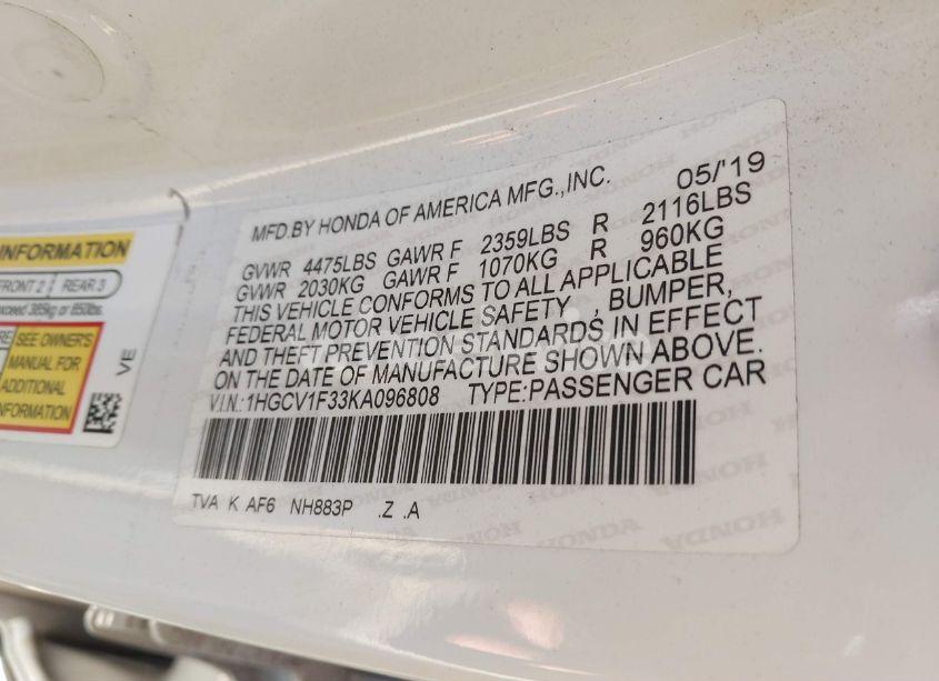 Photo 9 of 2019 Honda Accord SPORT (VIN 1HGCV1F33KA096808)